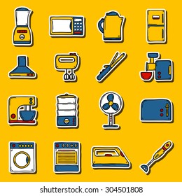Set of stickers in hand drawn cartoon style on home appliance theme: fridge, kettle, microwave, steamer, mixer, iron, stove. House care and housekeeping concept for your design