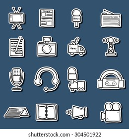 Set of stickers in hand drawn cartoon style on journalism theme: newspaper, tv, antenna, microphone, camera, van. Mass media concept fot your design