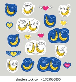 Set of stickers with hand drawn cute bananas. Badges for clothing. Doodles, sketch for your design. Vector.