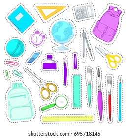 Set of stickers. Hand drawn different school supplies isolated on white background. Vector illustration of a sketch style.