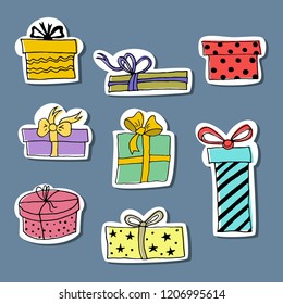 Set of stickers with hand drawn gift boxes. Vector illustration.