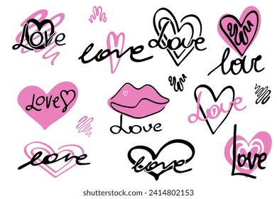 Set of stickers with hand drawn hearts  and text love. Variate symbol of love. Design for print on shirt, poster, banner, sticker