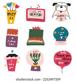 Conjunto de stickers. Ilustraciones dibujadas a mano sobre fondo blanco.