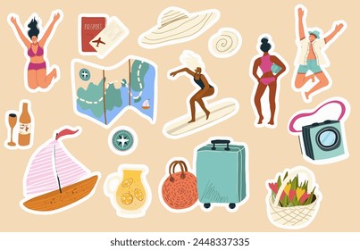 Set of stickers hand drawn illustrations with tourist stuff, vacationing people, travel and tourism, summer time, summer party, vacation mood.