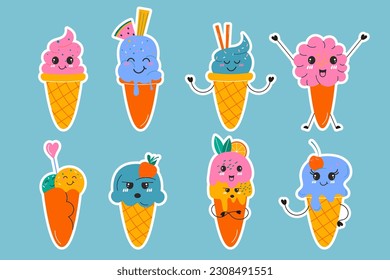 Set stickers of hand drawn kawaii ice cream cone. Hand drawn flat design