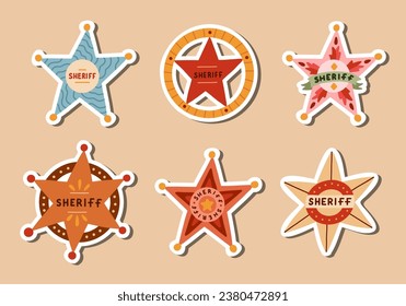 Set of stickers with hand drawn sheriff badge for planners, notebooks. Ready for print list of cute western stickers. Simple vector doodles of Wild West and cowboy star badge with shields.