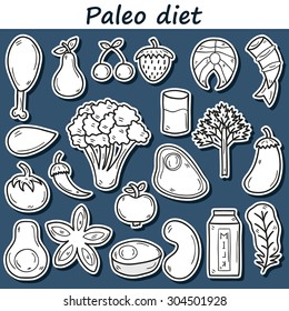 Set of stickers in hand drawn style on paleo diet theme: meat, fish, fruits, vegetables, spices, nuts. Healthy food concept for your design