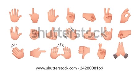 Set of stickers with hand gestures. Colorful icons with hands emoticons. Thumbs up, fist, okay, peace, applause, greeting, thumbs down. Cartoon flat vector collection isolated on white background