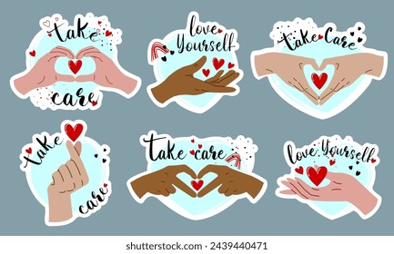 A set of stickers with hand gestures. Heart shaped hands, the concept of self-care and self-love.