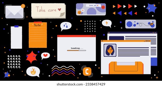 Set of stickers with hand-drawn elements and phrases. Browser computer windows, stickers, messages, notes, icons, elements for design. Vector abstract shapes. 