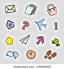 Set of stickers with hand-drawn icons. Pictures in doodle style. Email, house, car, arrow and other pictograms. Vector illustration for banner design, web design, badges and labels.