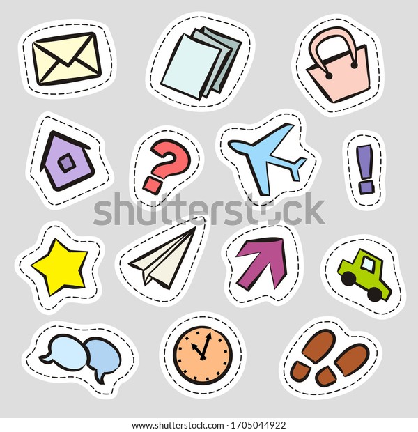 Set of\
stickers with hand-drawn icons. Pictures in doodle style. Email,\
house, car, arrow and other pictograms. Vector illustration for\
banner design, web design, badges and\
labels.