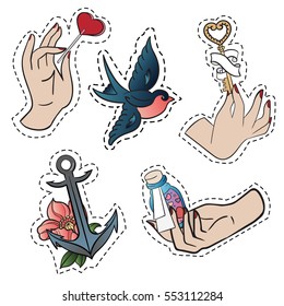 Set of stickers with hands, bird and anchor over white background.