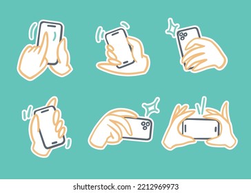 Set of stickers, hands holding a mobile phone. Vertical and horizontal orientation, take a photo, selfie, play and watch something on your phone. Vector doodle cartoon simple outline style.