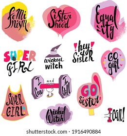 A set of stickers with handwritten font related to feminism, girl power and sisterhood in pink, purple, yellow colors 