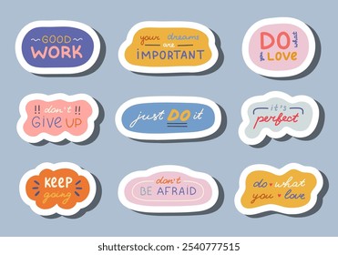 Set of stickers with handwritten lettering with motivational and cheering phrases for planners, notebooks. Ready for print list of cute stickers. Inspirational typography for good job, achievement.
