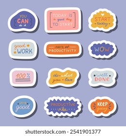 Set of stickers with handwritten lettering with motivational and cheering phrases for planners, notebooks. Ready for print list of cute stickers. Inspirational typography for good job, achievement.