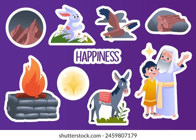 Set of stickers Happiness in flat cartoon design. This illustration shows a happy Isaac and Abraham, a sacrificial fire and everything around them. Vector illustration.