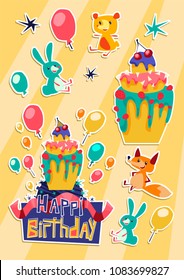 Set of stickers happy birthdayin style flat!! Cartoon Hare, Fox, Bear, congratulation, holiday, surprise, cake, cream, balloons, stars. Colorful hand drawn vector stock illustration