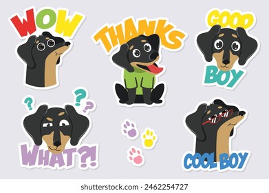 Set of stickers Happy dog in flat cartoon design. A sweet and emotional dachshund is featured in this lovely, vibrant illustration on a neutral background. Vector illustration.