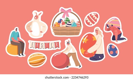 Set of Stickers Happy Family Celebrate Easter. Parents and Children Girls and Boys Wear Rabbit Ears Play and Hunt Eggs, Basket with Painted Eggs, Spring Holiday. Cartoon Vector Patches Pack