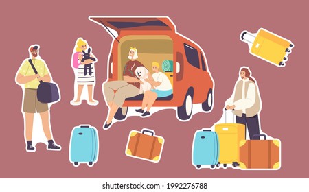 Set Of Stickers Happy Family Characters Sitting At Car Trunk With Dog Ready For Travel. Mother, Father And Children With Luggage Leaving Home For Road Journey. Cartoon People Vector Illustration