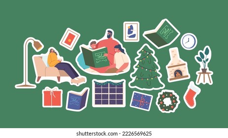 Set of Stickers Happy Family Characters Parents and Kids Reading Christmas Stories Enjoying Books and Holiday Sparetime. Decorated Tree, Gift, Sock, Fire Place, Window. Cartoon Vector Patches Pack