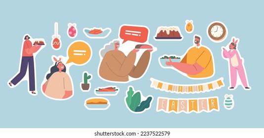 Juego de stickers Felices Personajes Familiares Madre, Padre, Abuela y Niños Comenzando la Cena de Pascua. Comidas y charlas, almuerzos festivos para padres y niños alegres. Paquete de parches de vectores de caricatura