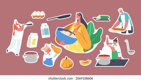 Set of Stickers Happy Family Cooking. Father, Mother and Kids on Kitchen Preparing Food, Parents and Children Meals Preparation, Eggs, Squash, Milk Package, Pan. Cartoon People Vector Illustration