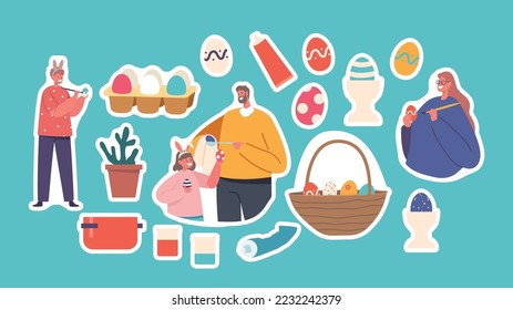 Set of Stickers Happy Family Prepare for Easter Celebration. Parents and Children Girl and Boy Wear Rabbit Ears Painting Eggs. People Spend Spring Holidays Time Together. Cartoon Vector Patches