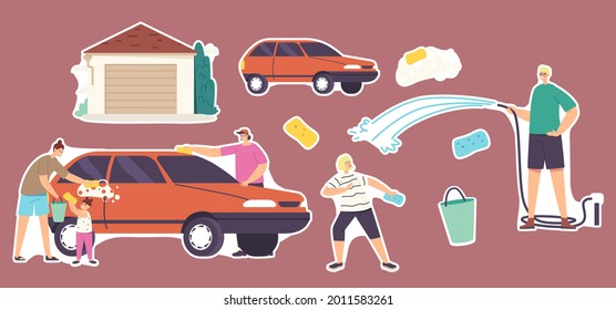 Set Of Stickers Happy Family Wash Car. Characters Weekend Chores, Household Activity. Mother, Father And Children Cleaning Automobile Near Garage, Splash From Hose. Cartoon People Vector Illustration