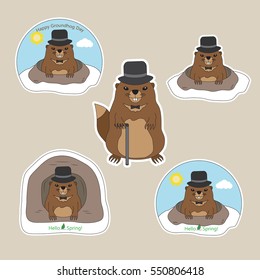 A set of stickers Happy Groundhog Day with cute groundhog in hat and with a cane. In the hole and out of the hole. Hello Spring. Vector illustration.