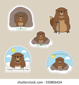 A set of stickers Happy Groundhog Day with cute groundhog with a cane. In the hole and out of the hole. Hello Spring. Vector illustration.