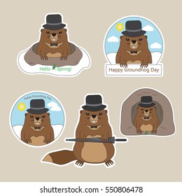 A set of stickers Happy Groundhog Day with cute groundhog in hat. In the hole and out of the hole. Hello Spring. Vector illustration.