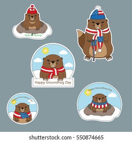 A set of stickers Happy Groundhog Day with cute groundhog in caps and scarves based on USA and Canada national flags and with cane. In the hole and out of the hole. Hello Spring. Vector illustration.