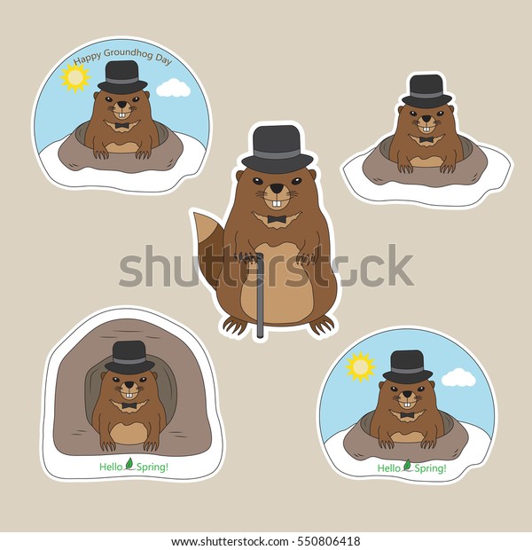 Set Stickers Happy Groundhog Day Cute Stock Vector (Royalty Free ...
