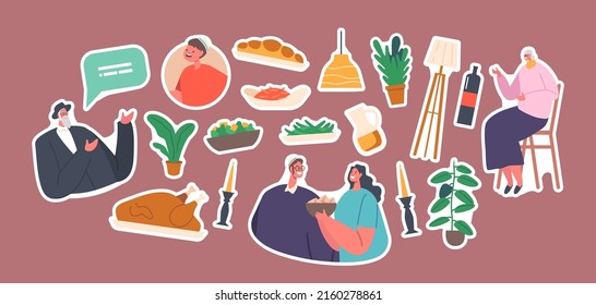 Set Of Stickers Happy Israel Family Celebrate, Having Dinner At Home, Jewish Parents, Grandparents And Child Eating Traditional Meals And Candles. Cartoon People Vector Illustration, Patches