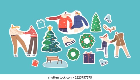 Set Stickers Happy Loving Couples in Warm Clothes Skating Outdoors on Frozen Pond or Winter Park Ice Rink. Young Pairs Wintertime Holidays and Christmas Vacation Fun. Cartoon Vector Patches Pack