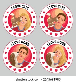 Set of stickers with happy male and female pet owners playing with their animals. Icons of cat and dog lovers. Man and woman express love for pets. Sign, symbol, logo isolated on white