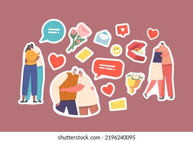 Set of Stickers Happy Men and Women Strong Family. Loving Aged and Young Couples Hug, Romantic Relations, People Characters Engagement, Date, Love, Connection, Romance. Cartoon Vector Illustration