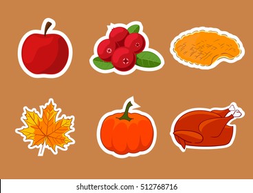 Set of stickers for Happy Thanksgiving Day. Badge, icon, template an apple, cranberries, pumpkin pie, leaf, turkey.