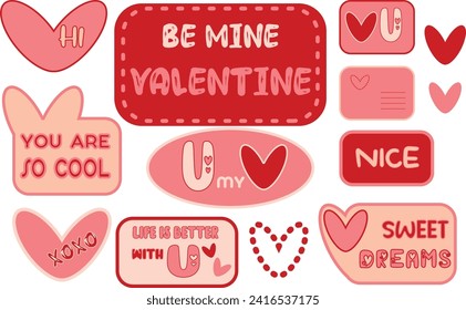 stickers Feliz día de San Valentín para la red social Bloques de corazones de habla rosada Pegatina del mensaje dulce del amante Memo Doodle mensaje comunicación texto de la palabra romántica colorida ser mío Valentín