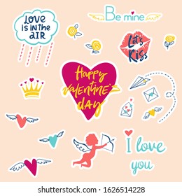 Set of stickers, Happy Valentines Day. Hand drawn symbols of holiday. Lettering, hearts, Cupid, roses. Flat vector cute patches.