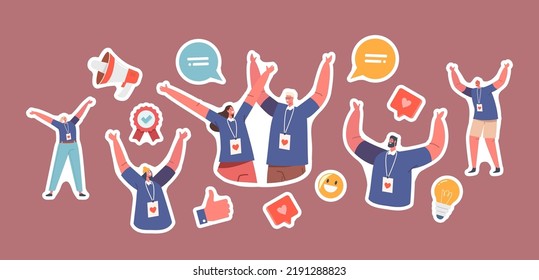 Set of Stickers Happy Volunteers Rejoice. Joyful Male and Female Characters From Social Charity Service Laugh with Raised Arms. Smiling Men And Women Community. Cartoon People Vector Patches