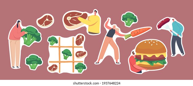 Set of Stickers Healthy and Unhealthy Eating, Vegetarian and Meat Food Theme. Tic-tac-toe Game, Characters Fencing with Carrot and Sausage, Burger, Steak, Broccoli. Cartoon People Vector Illustration