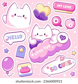 Set of stickers with heart and little cat in kawaii style. Cute eye-catching Valentine day tag collection in pink colors with cute kitty, bubble speech, hearts and stars. Vector illustration EPS8