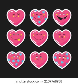 A set of stickers of hearts with funny faces.