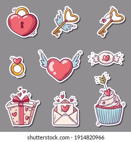 Set Of Stickers With Hearts And Other Love Objects For St. Valentines Day In Doodle Style