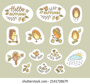 Set of stickers with hedgehogs and autumn elements.Vector color illustration in outline style