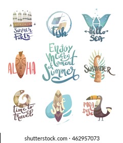 Set of stickers hello summer. Lettering with palm trees and animals. The illustrations in the style of Indonesia.
